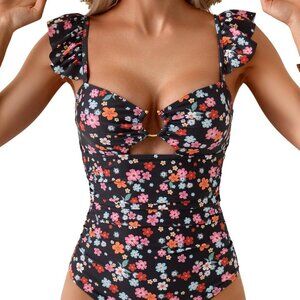 🌺 Floral Ruffle One-Piece Swimsuit | XL | Tummy Control | Gold Ring